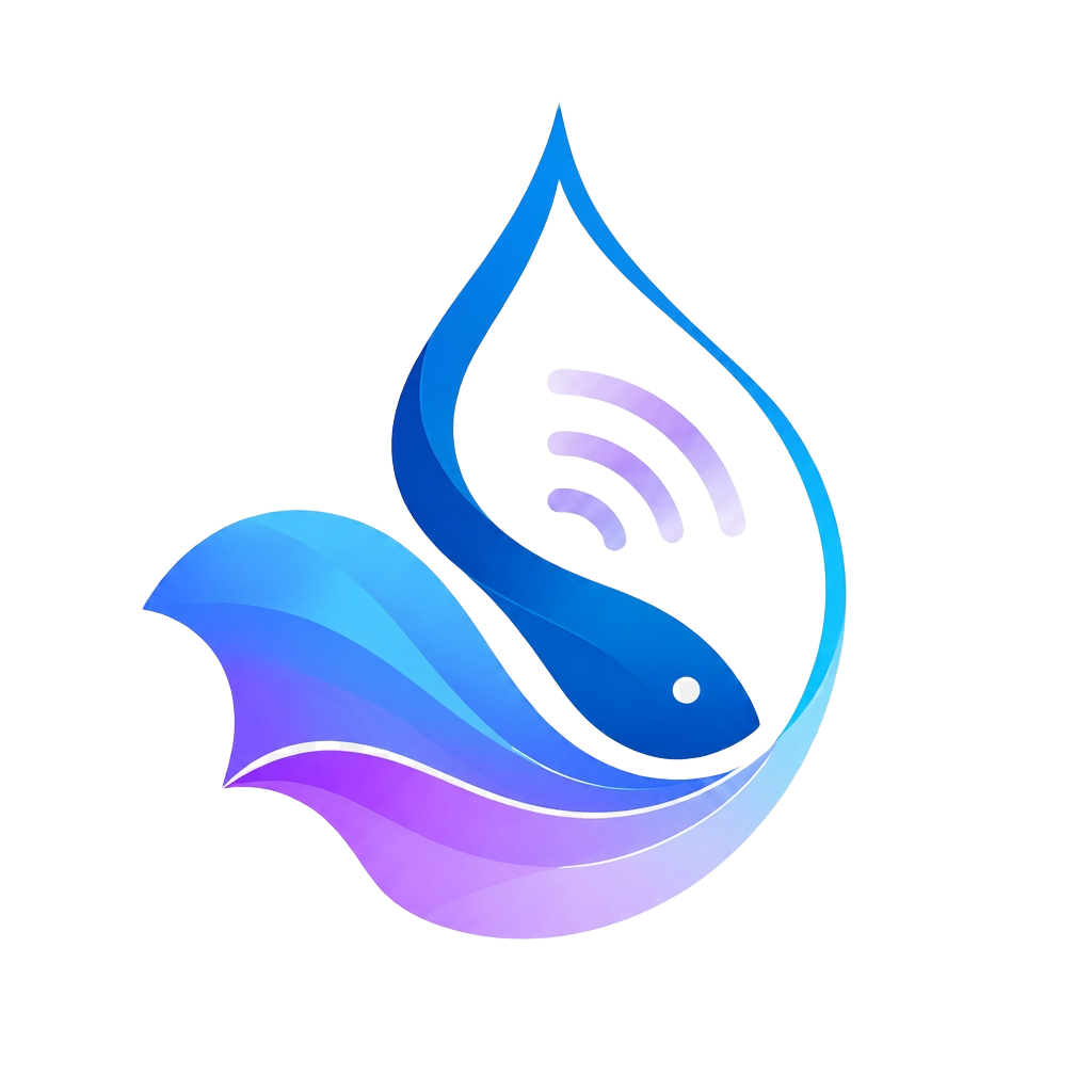 AquaCoda emblem: a water drop containing a betta fish and sound waves