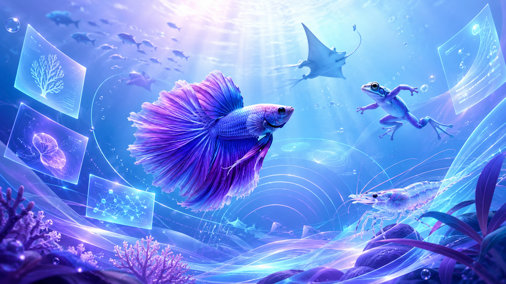 A luminous underwater scene featuring a Betta fish surrounded by other aquatic animals and futuristic scientific overlays, illustrating AquaCoda's observation and research mission.